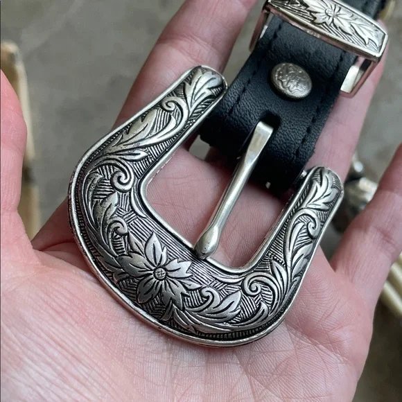 Concho Real leather Western Style Black Cream Belt Silver faux bone festival - Picture 11 of 16